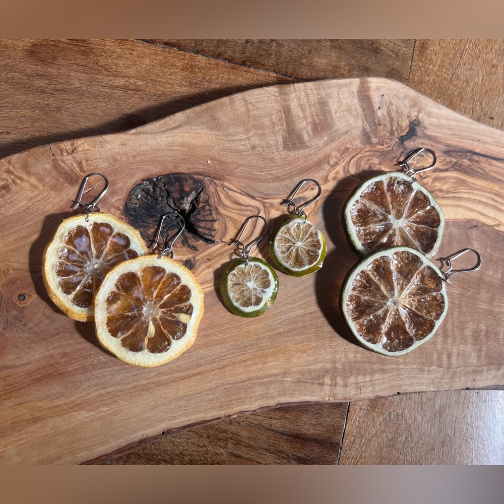 Epoxy resin real Lime/Lemon/Key lime earrings, surgical steel hooks